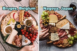 On the left, a round charcuterie board with various cheeses, meats, berries, and dips labeled Bruges, Belgium, and on the right, an oblong charcuterie board with various meats, crackers, cheeses, and grapes labeled Nagoya Japan