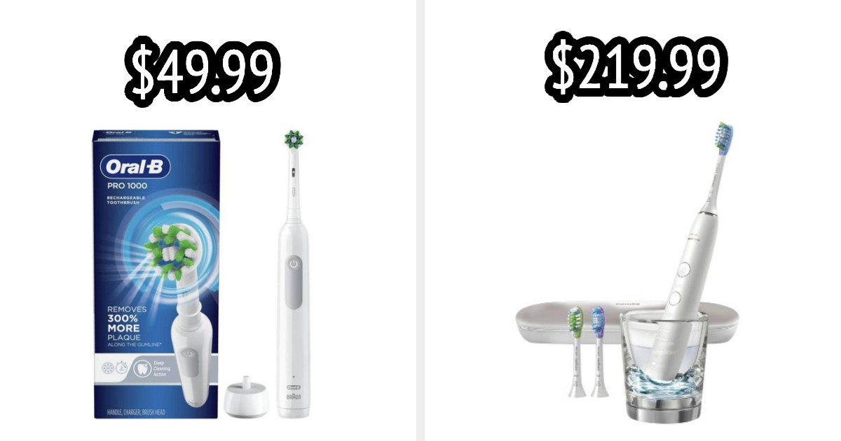 on the left an oral b toothbrush and on the right a philips sonicare toothbrush