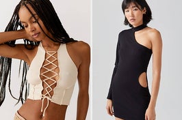 on the left a cream lace-front crop top, on the right a black mini dress with one long sleeve and side cutouts
