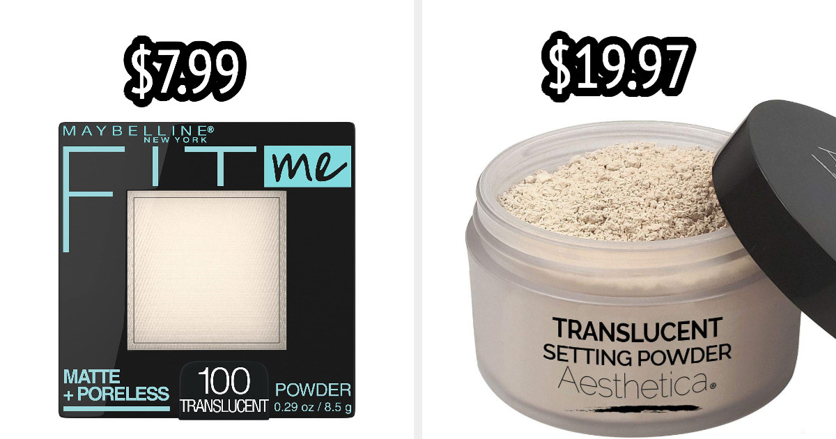 on the left mayebelline translucent powder and on the right aesthetic translucent setting powder