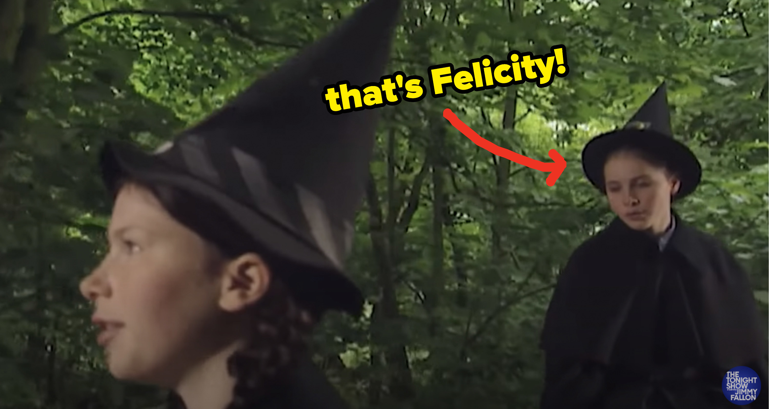 arrow pointing to felicity in a witch outfit