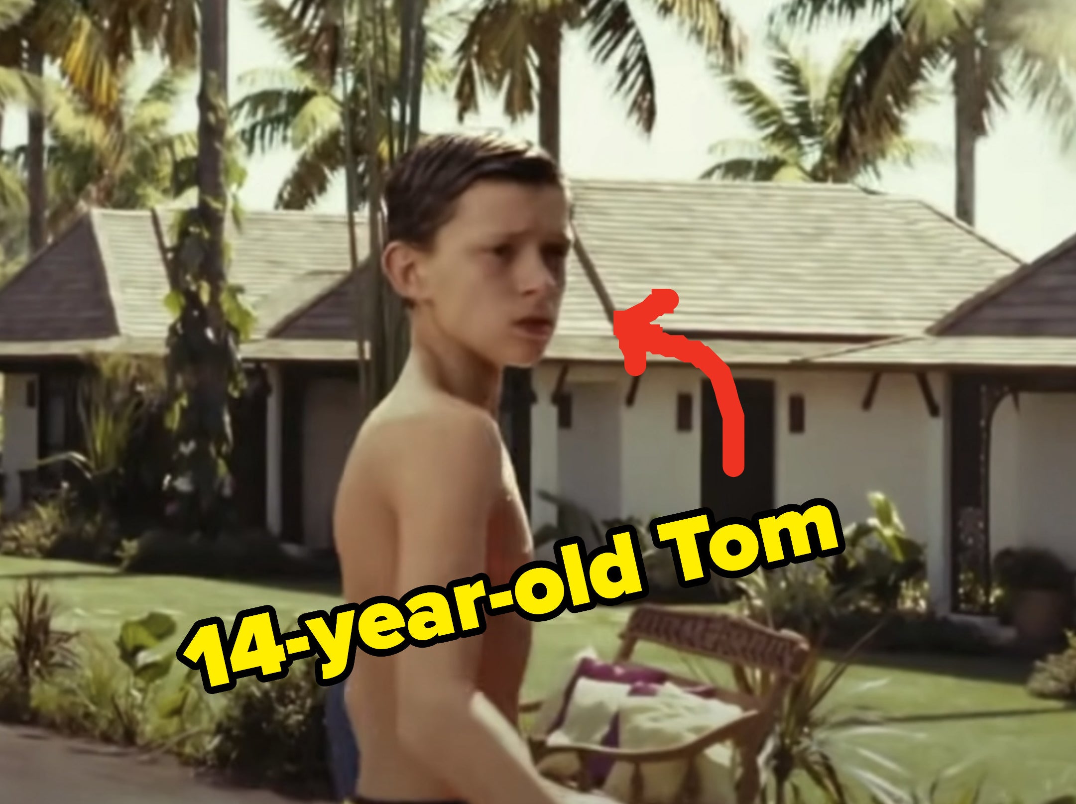 arrow pointing to a shirtless 14 year old Tom