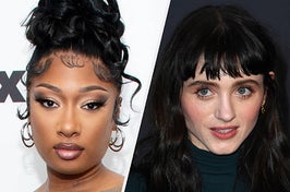 Megan Thee Stallion wears a fitted beige bodysuit with cutouts and gold earrings. Natalia Dyer wears a teal sweater with her hair in bangs.