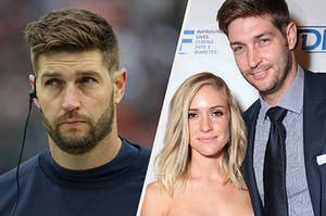 Jay Cutler has on a navy blue T-shirt with an earpiece on. Kristin Cavallari wears a red dress while standing next to Jay Cutler, who's wearing a blue suit.