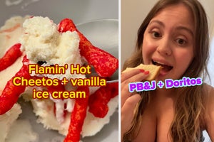 "Flamin' hot cheetos + vanilla ice cream" over ice cream and cheetos, then a woman eating a sandwich with the text "PB&J + Doritos"