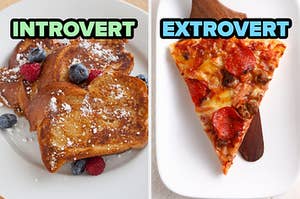 On the left, some French toast topped with powdered sugar, raspberries, and blueberries labeled introvert, and on the right, a slice of pepperoni and sausage pizza labeled extrovert