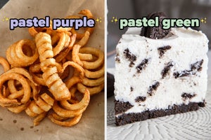 On the left, some curly fries labeled pastel purple, and on the right, a slice of Oreo cheesecake labeled pastel green