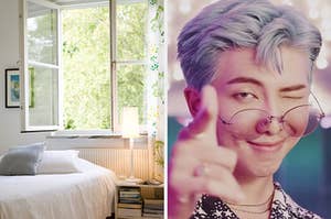 在左边,一个阳光明媚的卧室和一个开放的窗口和一张床,在右边,RM的BTS眨眼“炸药”音乐视频