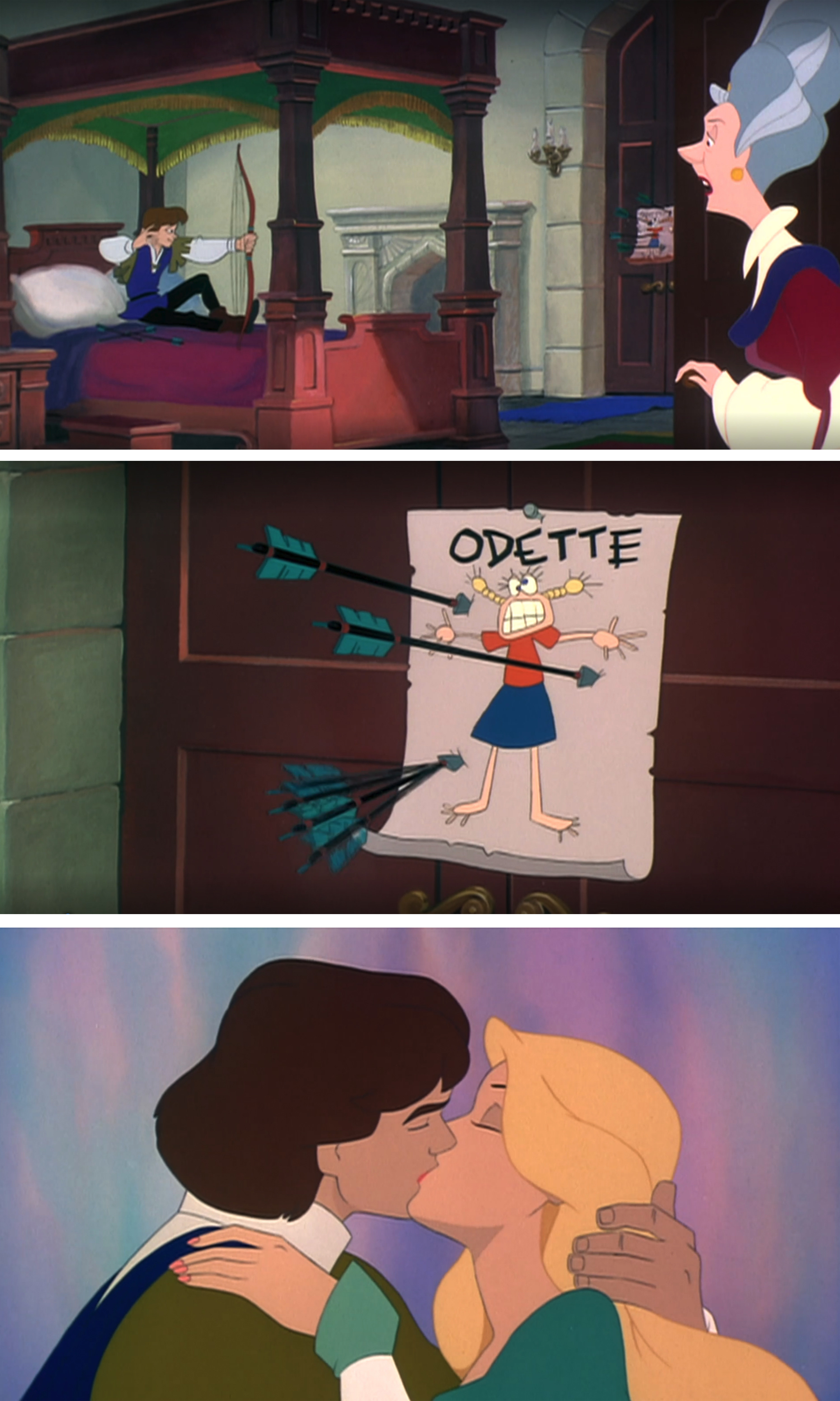 Top: Derek as a child aiming an arrow at a poster marked with a drawing of Odette; bottom: Derek and Odette kissing as adults