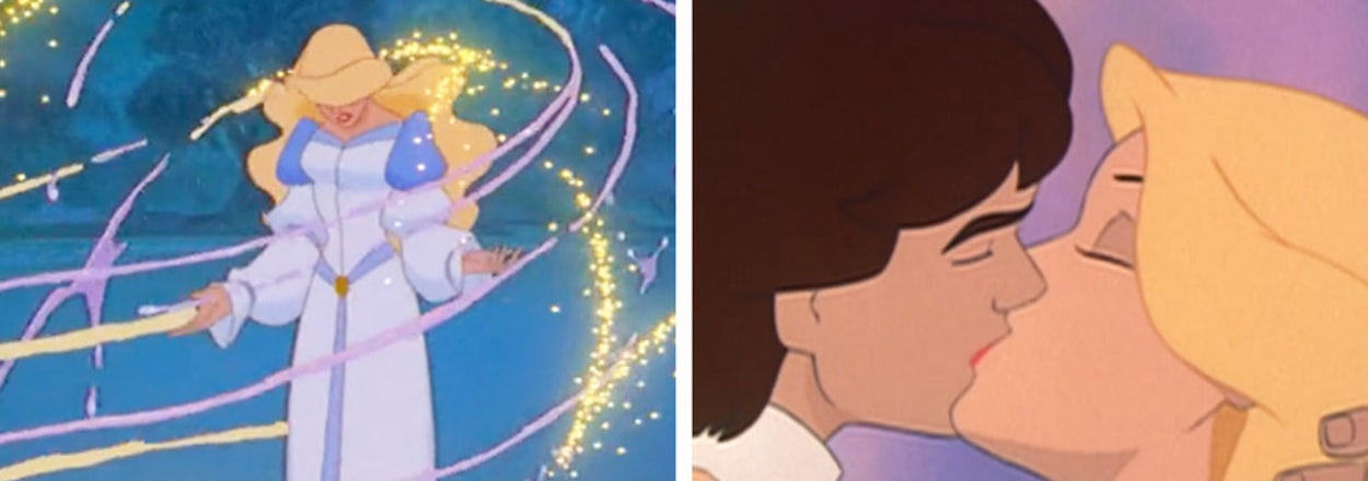 Left: Odette transforming from a swan into a human; Right: Odette kissing Derek