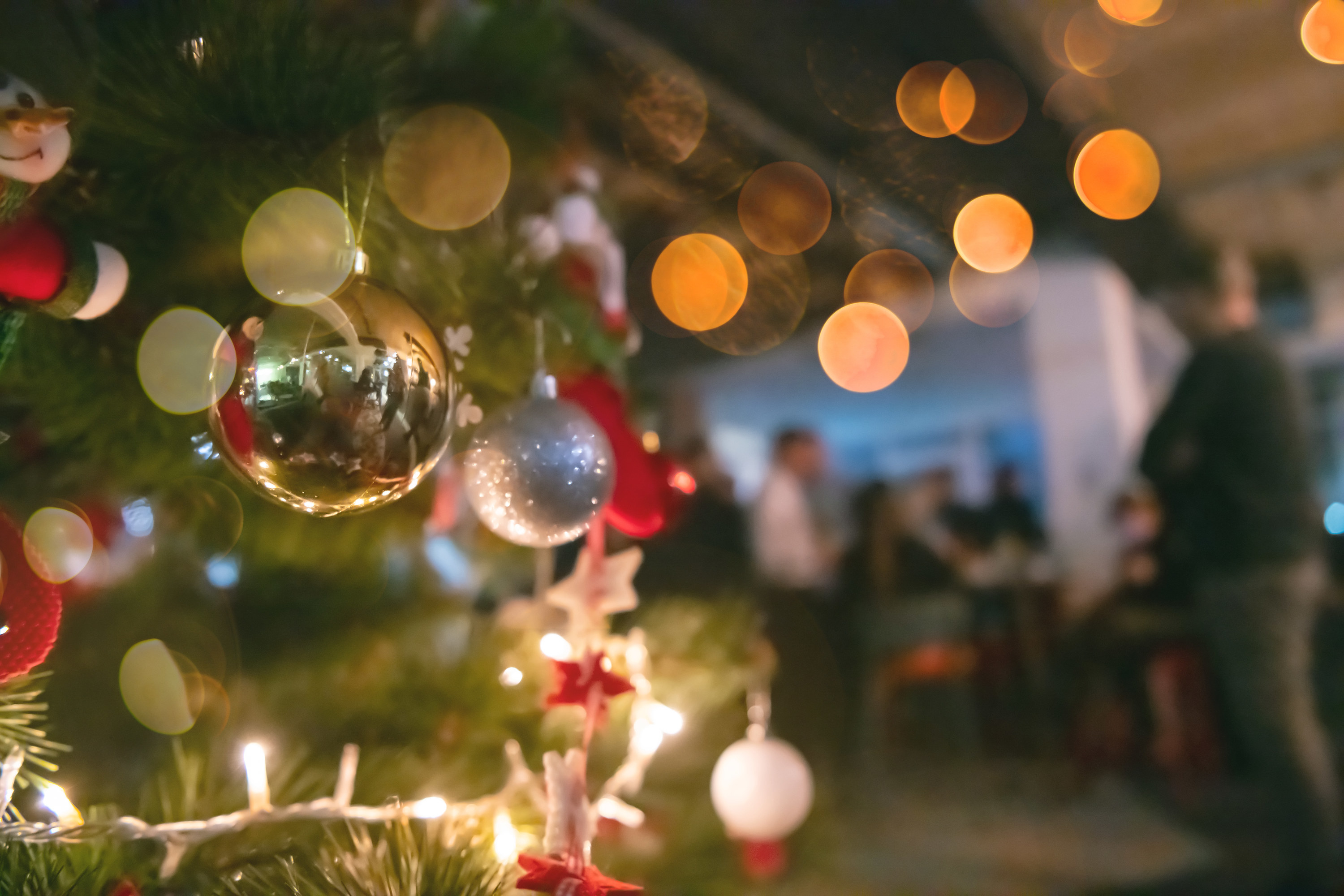 closeup of ornaments on a christmas tree