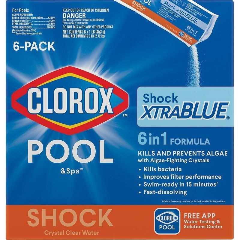 a packet of blue and orange Clorox algae eliminator
