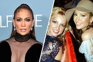 Jennifer Lopez wears a black mesh dress with chunky diamond drop earrings and her hair in a ponytail. She also wears a prairie-style top with a floppy hat with sitting next to Britney Spears, who is dressed in a blue dress with lace detailing.