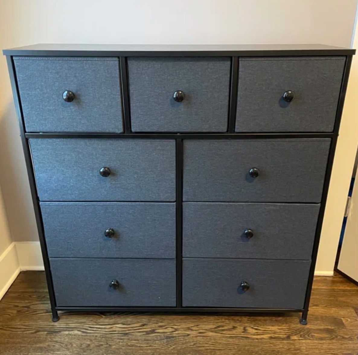 Gray and black fabric drawer dresser