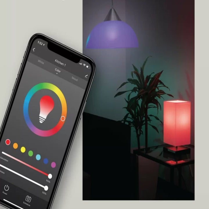 smart phone app, purple light in ceiling light, red light in lamp