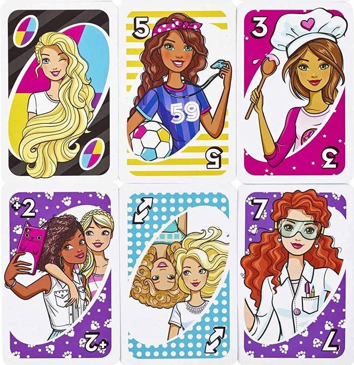 a set of barbie themed uno cards