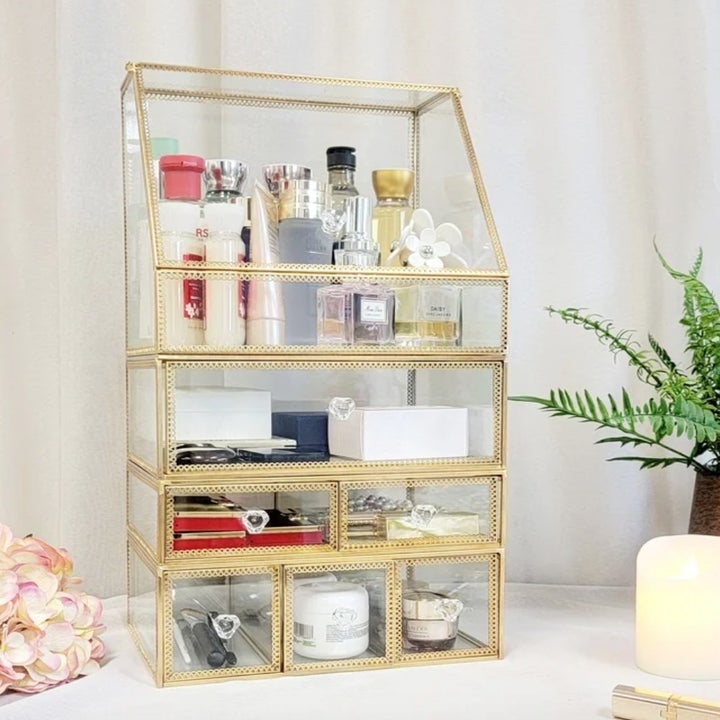 the makeup organizer in gold