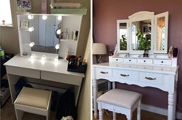 left: reviewer photo of vanity with slide-out lightup mirror. right: reviewer photo of trifold white vanity.