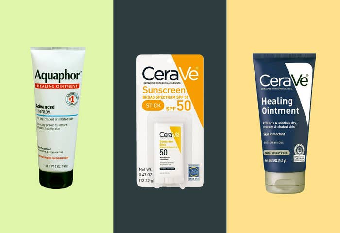 An aquaphor tube on a light green background. A Cerave suncreen stick on a navy background. A Cerave Healing Ointment tube on a bright yellow background.