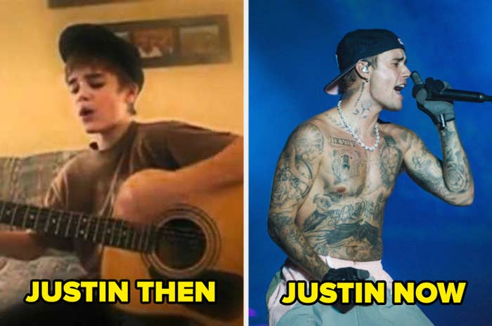 Side-by-side of young Justin Bieber and Justin Bieber now