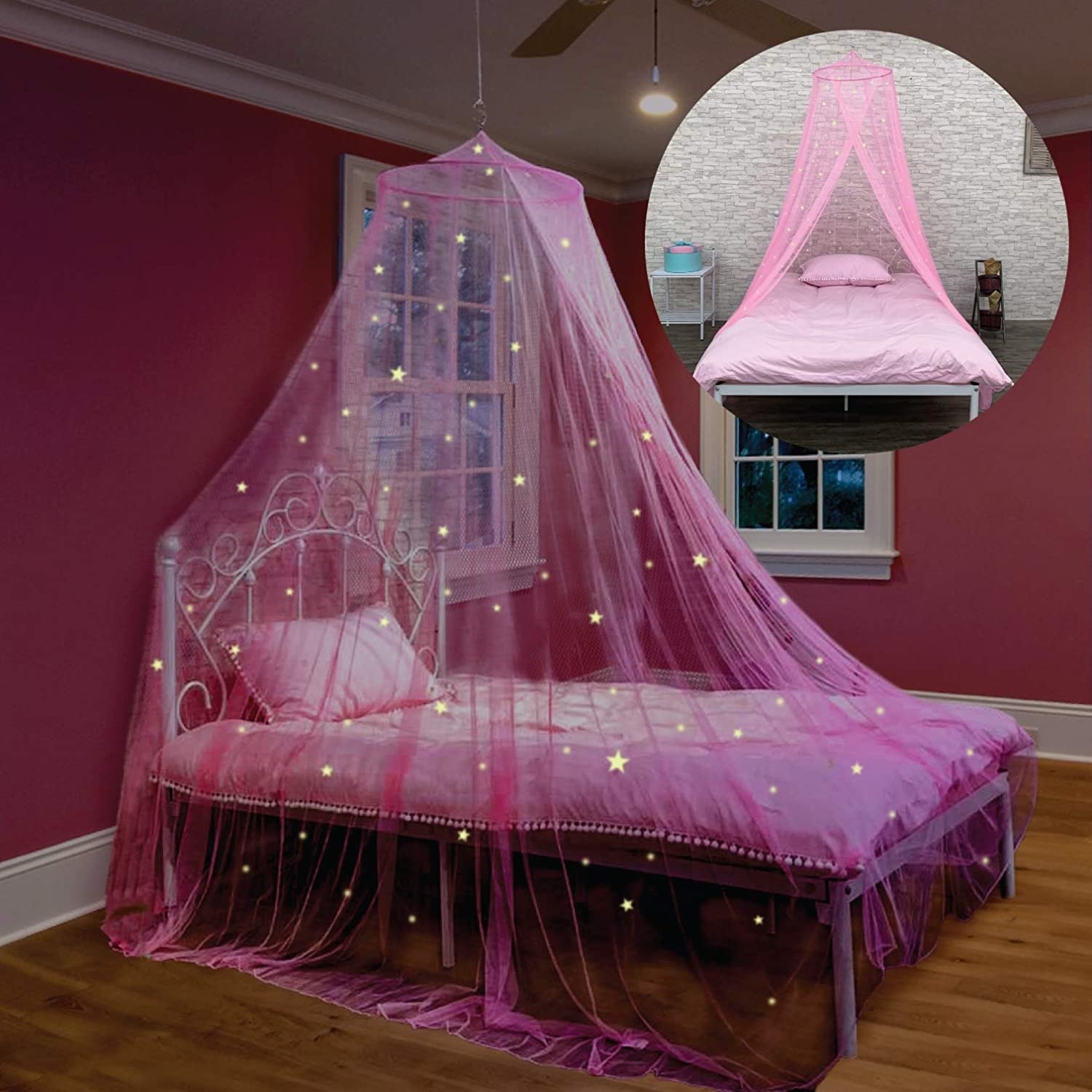 a bed with the canopy installed above; glow in the dark stars are visible on it