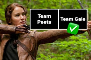 katniss with team peeta and team gale written next to her