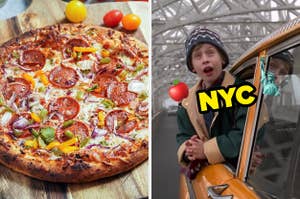 On the left, a pizza with pepperoni, onions, and peppers, and on the right, Kevin from Home Alone 2 looking out the window of a taxi labeled NYc