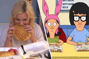 Leslie Knope eats a waffle and Louise Blecher sits next to her sister