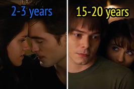 "2-3 years" is written above Bella and Edward with "15-20 years" written above Jonathan and Nancy