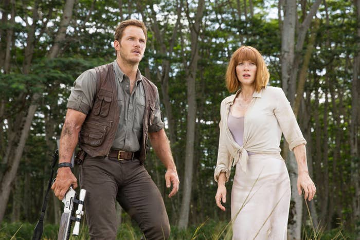 Chris Pratt and Bryce in the woods in a scene from Jurassic World