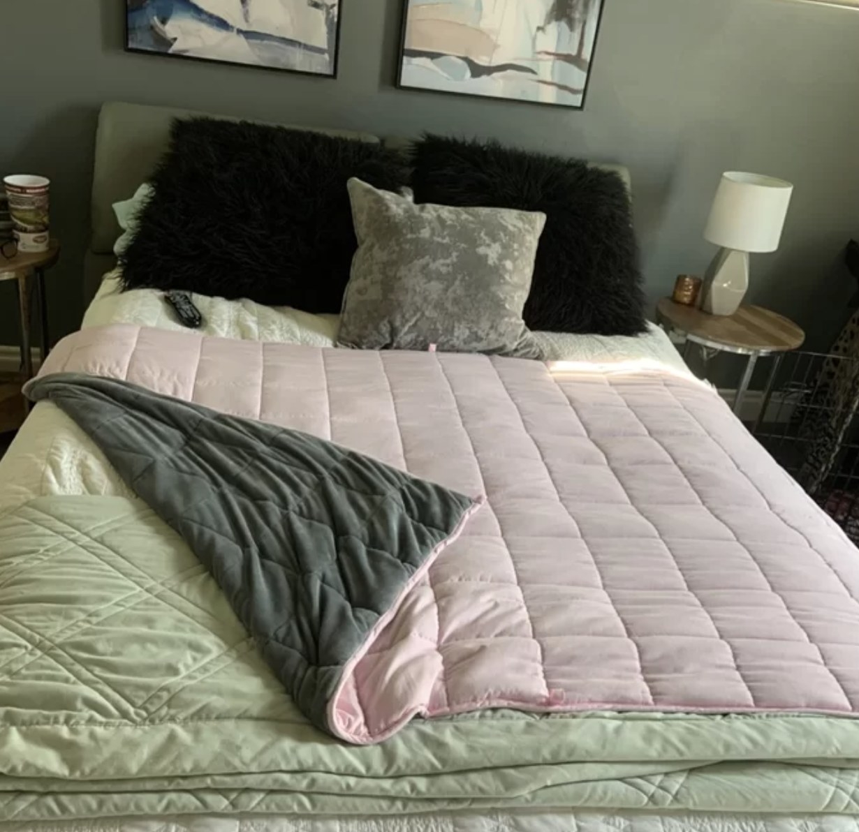 Reviewer&#x27;s photo of the weighted blanket in the color Pink/grey