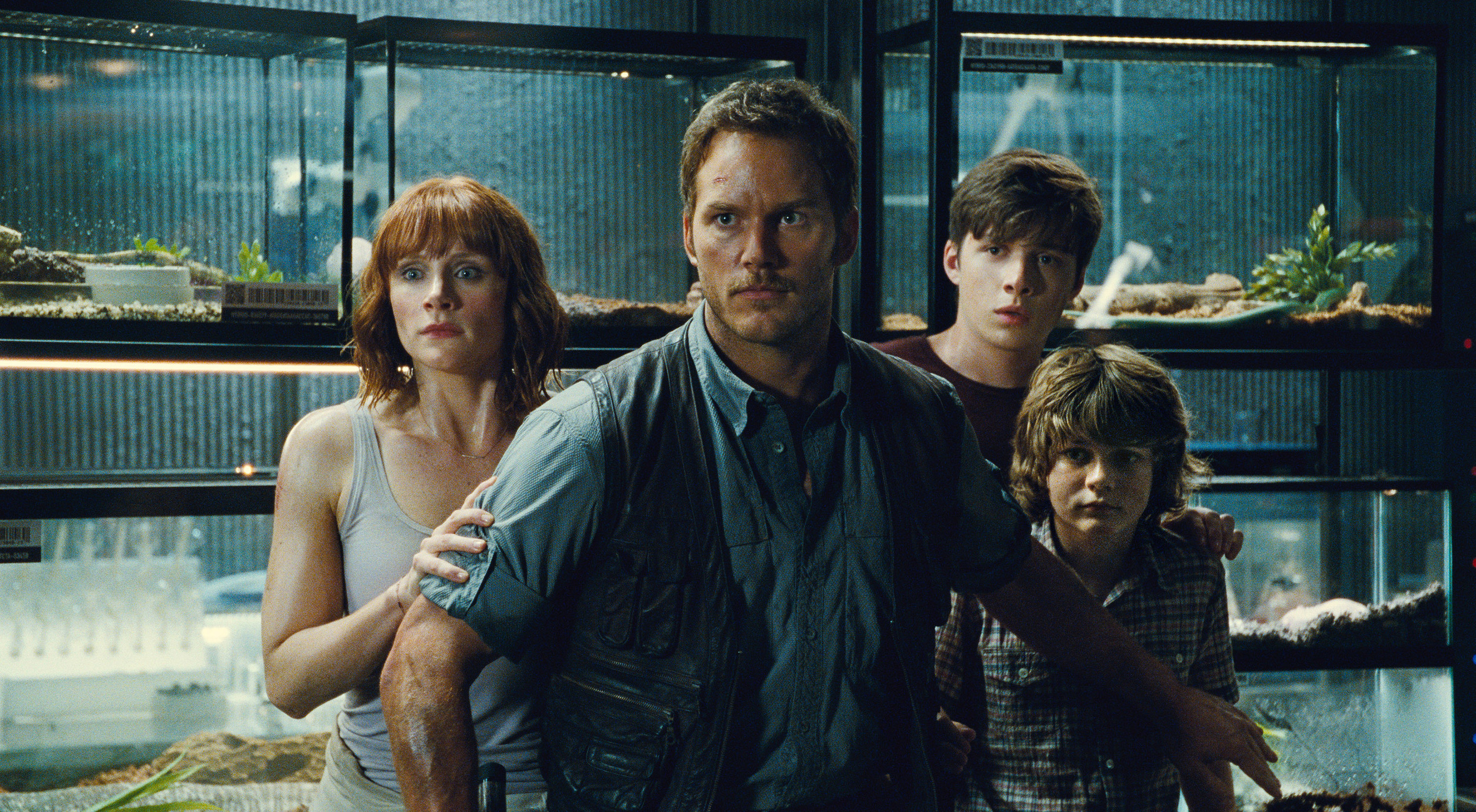 Bryce, Nick Robinson, and Ty Simpkin being shielded by Chris Pratt in a scene from Jurassic World