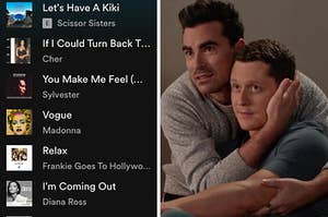 A Spotify playlist of queer songs and David Rose cradles Patrick Brewer's face