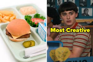 On the left, a school lunch tray with a Rice Krispies Treat, fries, burger, and milk, and on the right, Will from Stranger Things sitting at a school desk labeled most creative