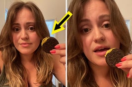 woman eating an oreo with mustard with an arrow pointing to the oreo