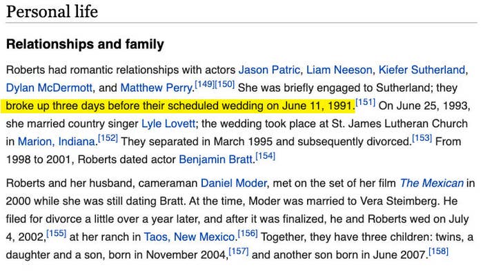 Julia Roberts&#x27; Wikipedia page&#x27;s section on her relationships
