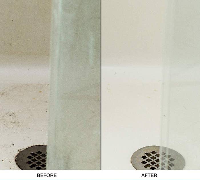 on the left, a dirty shower drain and glass door labeled &quot;before&quot; and, on the right, the same drain and door now cleaner labeled&quot;after&quot;
