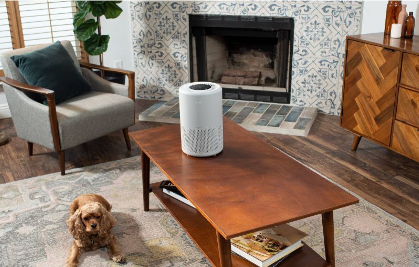 the white air purifier on a table in a decorated living room space