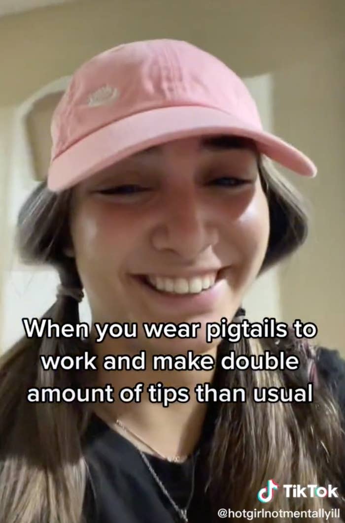 A woman wearing pigtails with a caption that says she made double her normal amount of tips