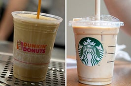 A Starbucks item is on the left with a Dunkin item on the right