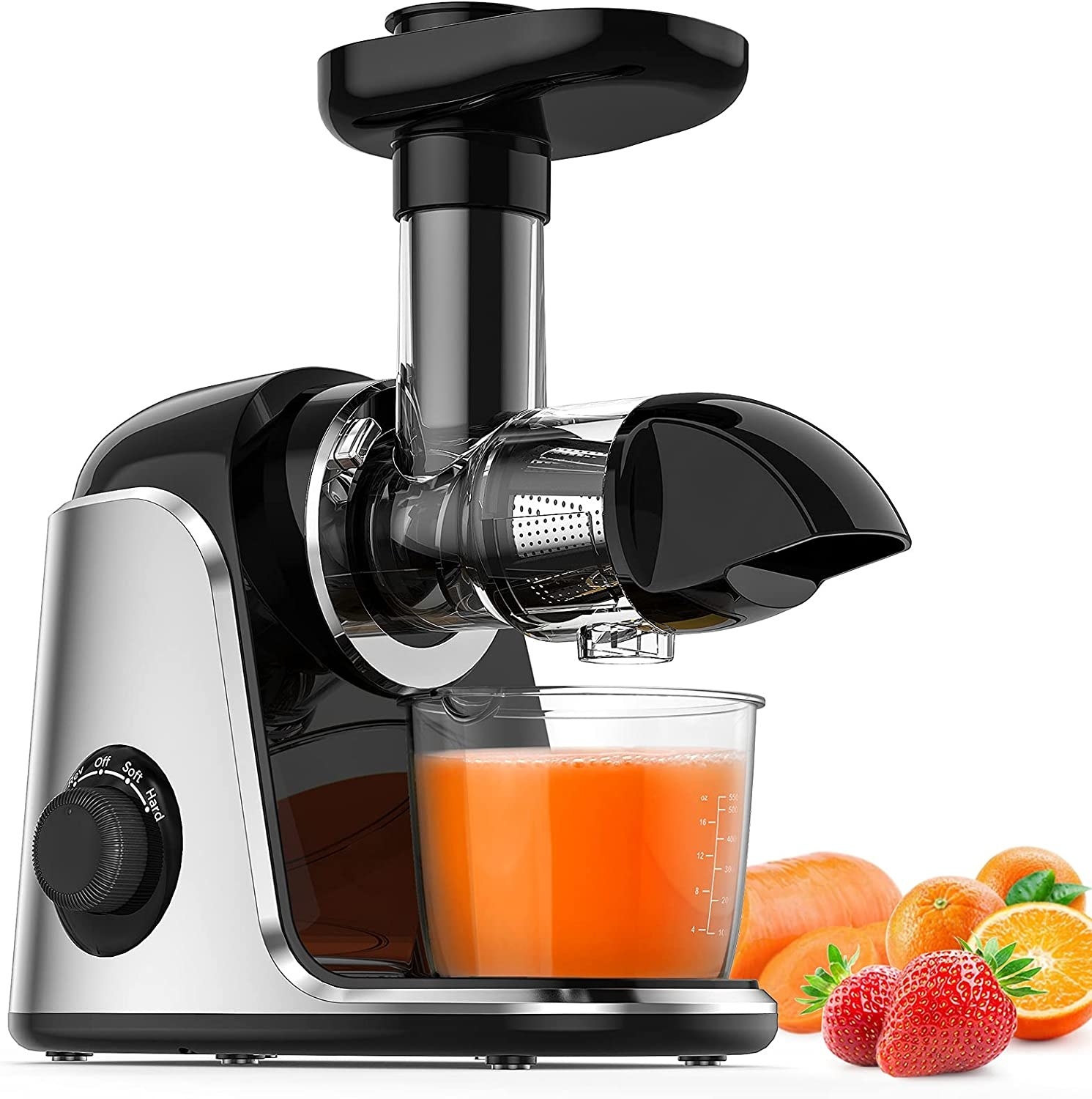 a large juicing machine on a white background next to various fruits