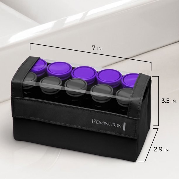 the set of black and purple hair rollers showing the dimensions