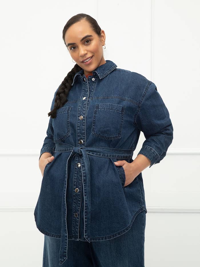 model wearing the denim shirt jacket