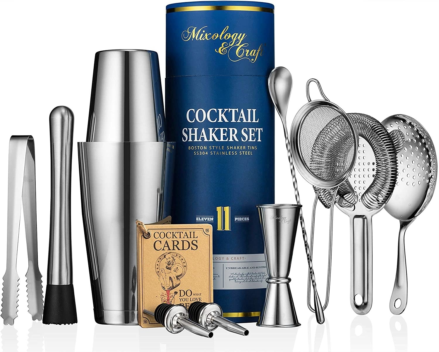 an eleven-piece cocktail set on a white background