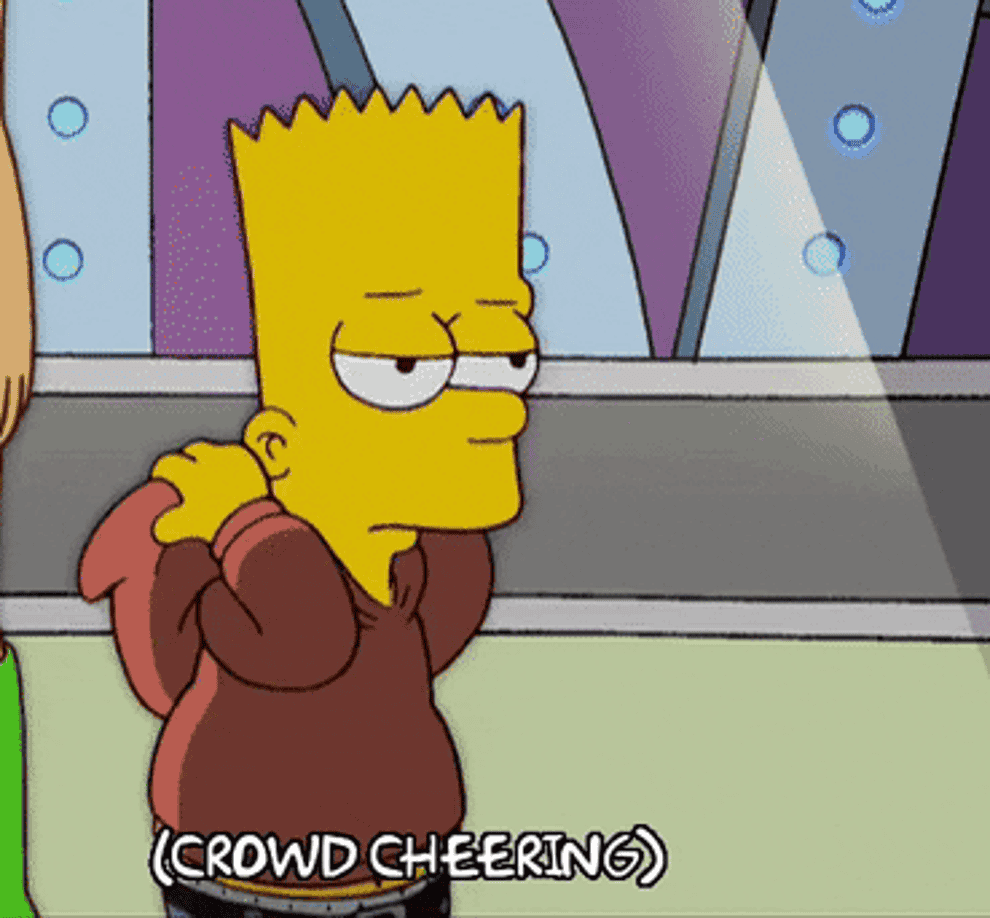 GIF of Bart Simpson putting on a hood with the text &quot;(Crowd cheering)&quot;