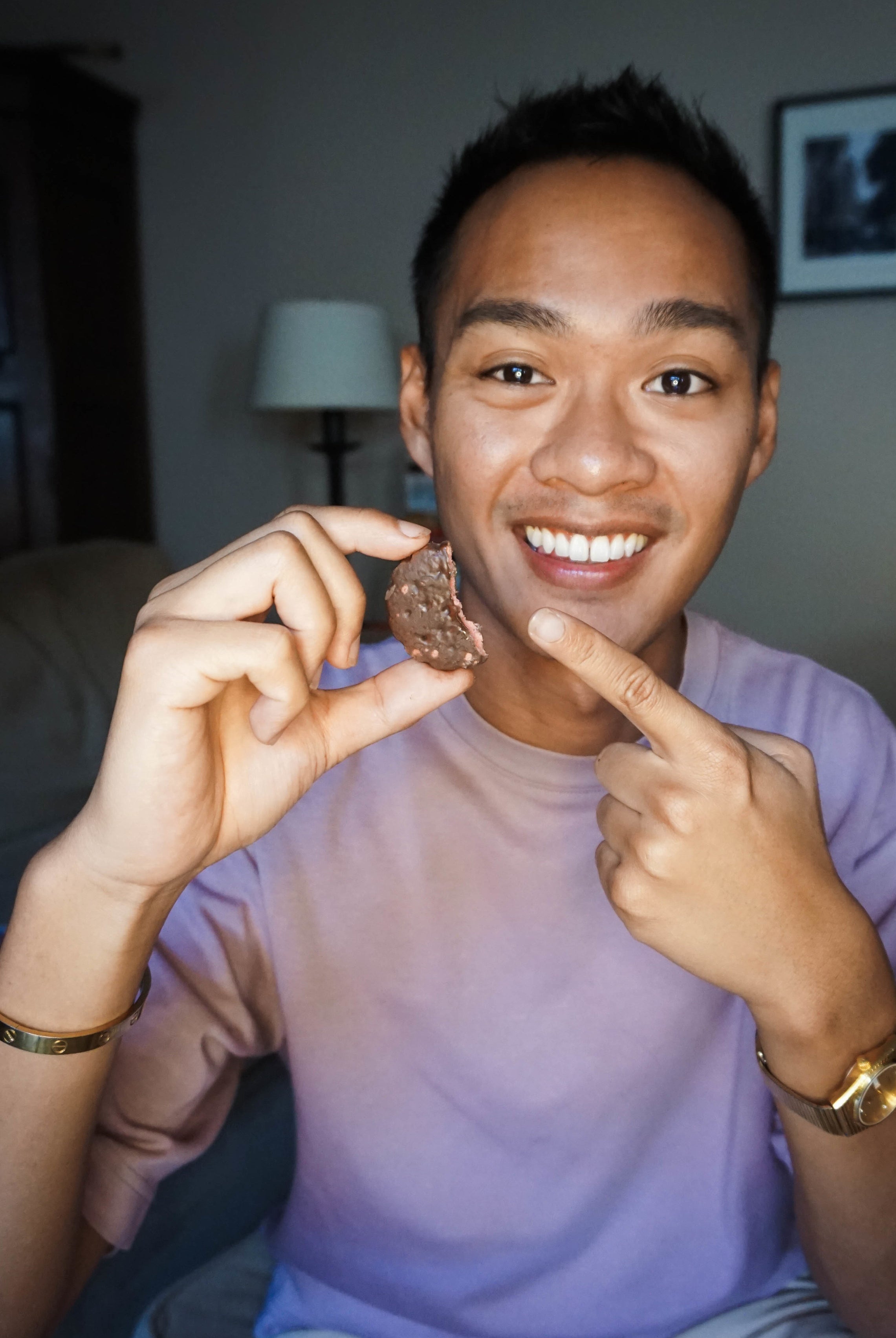 author pointing at raspberry rally girl scout cookies