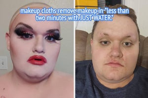 reviewer before with full face of makeup and after with their skin totally clean "makeup cloths remove makeup in "less than two minutes with JUST WATER."