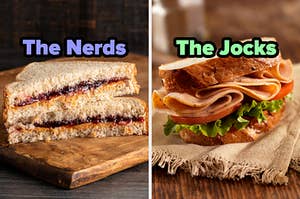 On the left, a peanut butter and jelly sandwich labeled the nerds, and on the right, a turkey sandwich labeled the jocks