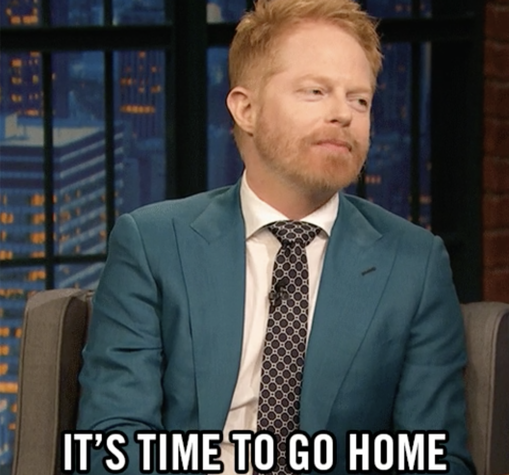 Jesse Tyler Ferguson on a talk show with the words &quot;It&#x27;s time to go home&quot;