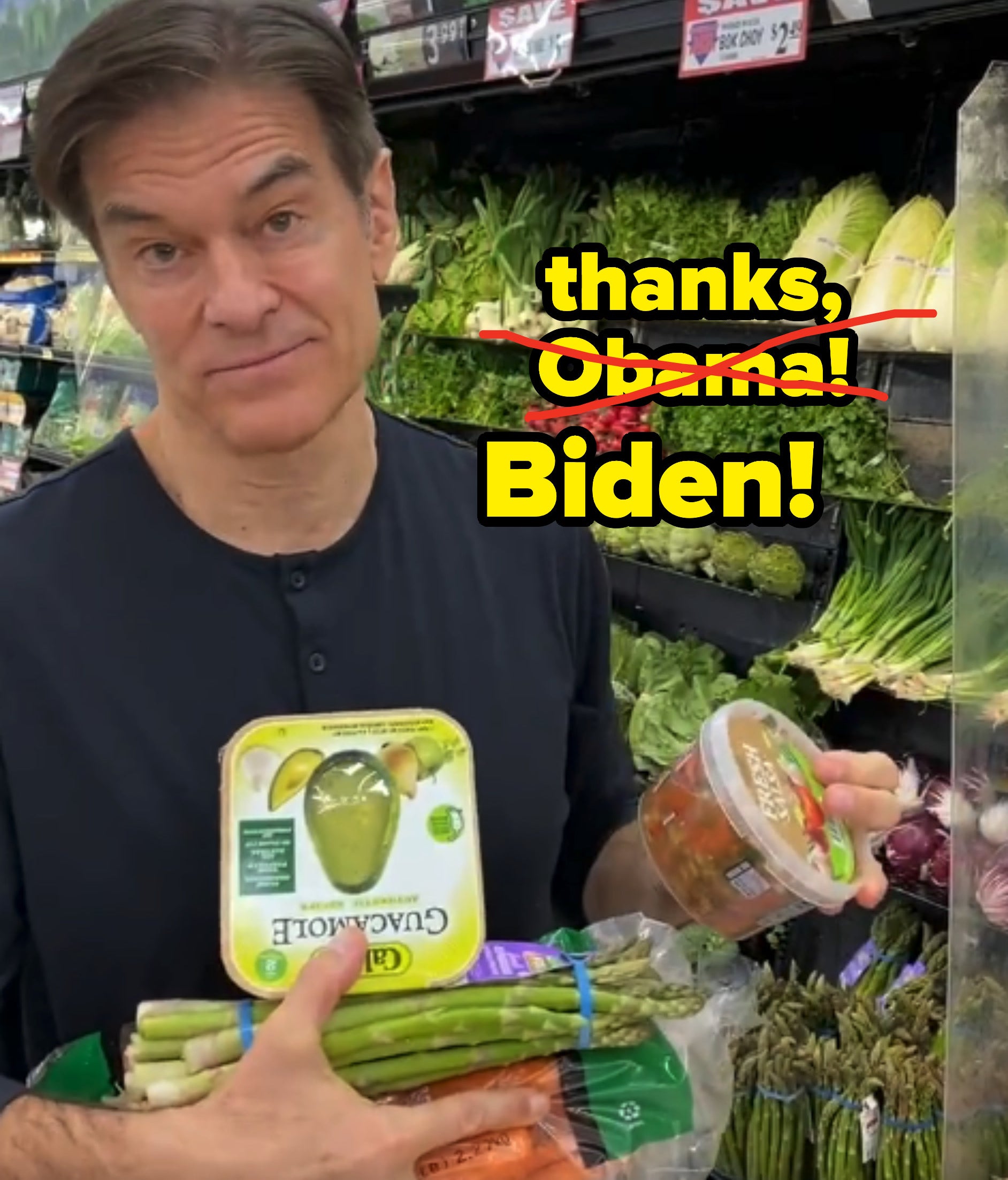 Oz looking at the camera disapprovingly with the words &quot;thanks, Biden&quot; and Obama&#x27;s name crossed out before Biden&#x27;s